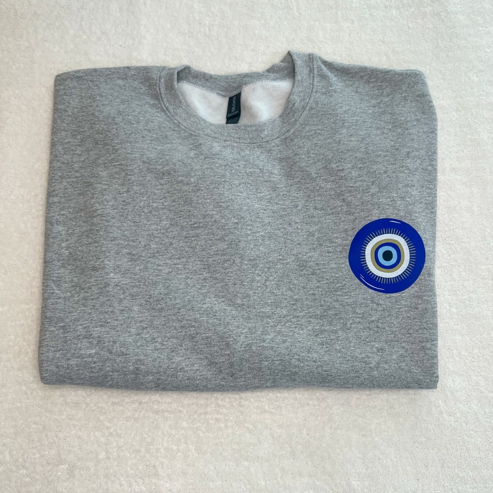 Gray Crewneck Sweatshirt with Evil Eye Emblem